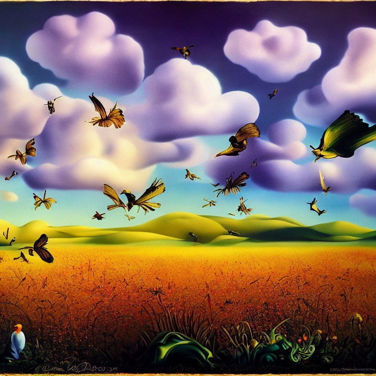 Colorful landscape painting with hills, orange flowers, clouds, and wildlife