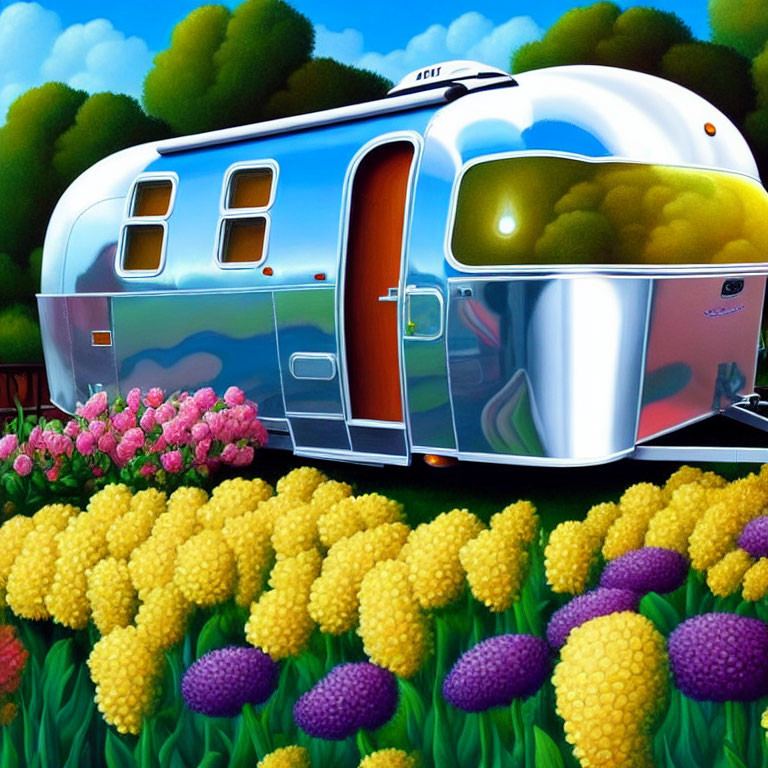 Colorful retro airstream trailer in vibrant flower field