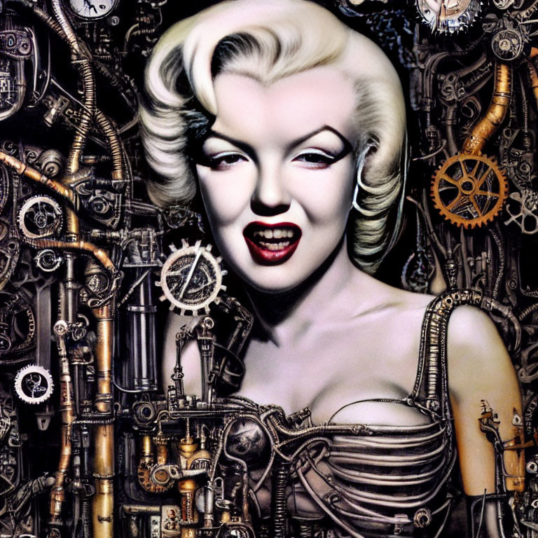 Blonde Woman with Red Lipstick in Mechanical Gear Background