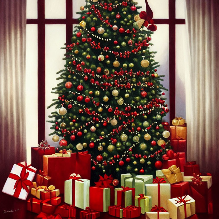 Decorated Christmas tree with red and golden ornaments and gifts by windowpane