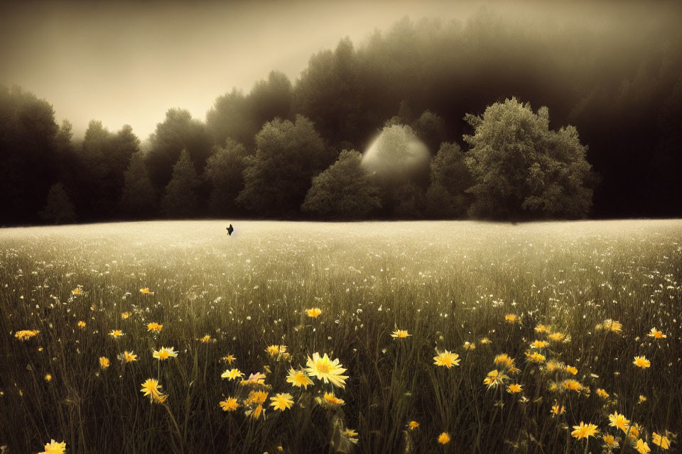 Tranquil meadow scene with wildflowers, bird in flight, foggy forest, and muted