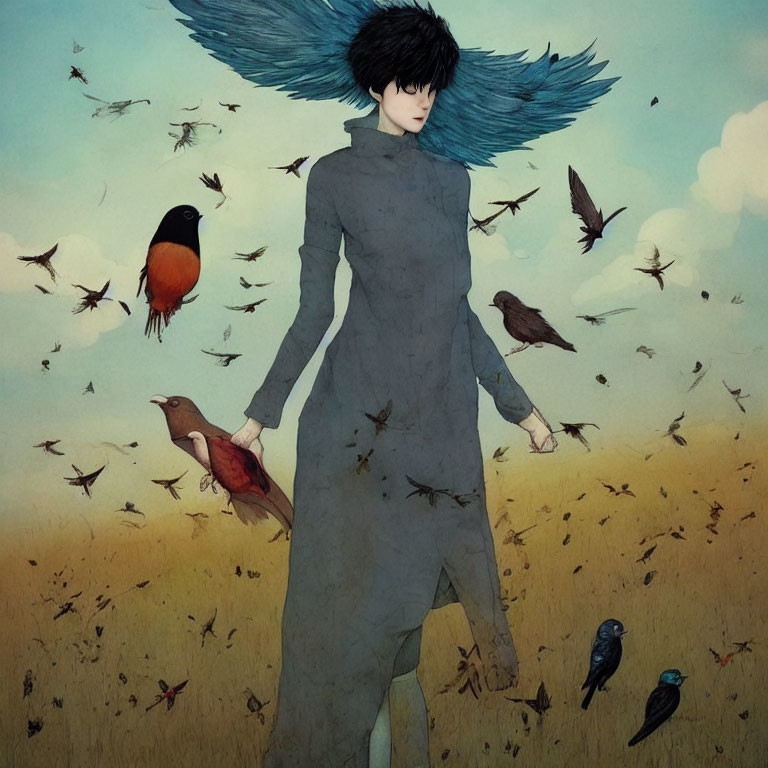 Person with black wings in field with birds under surreal blue sky