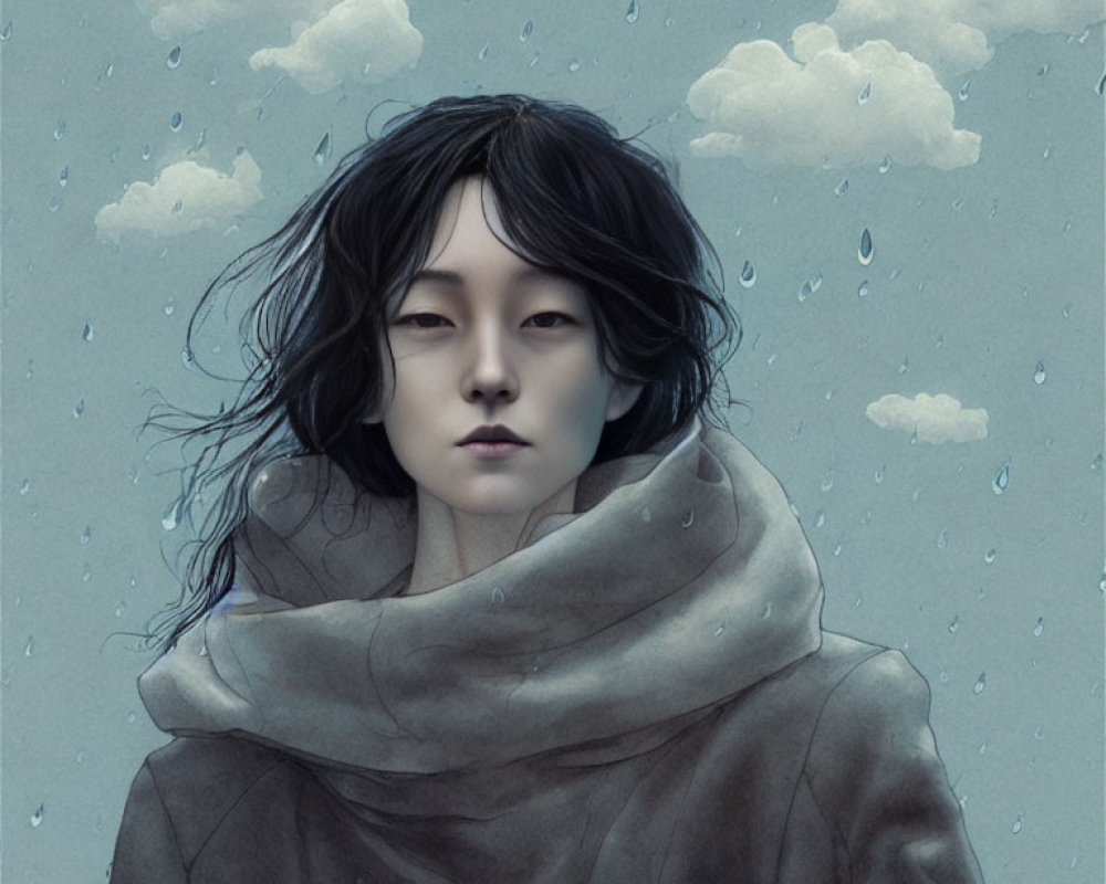 Dark-Haired Person with Large Scarf in Rainy Cloudy Scene