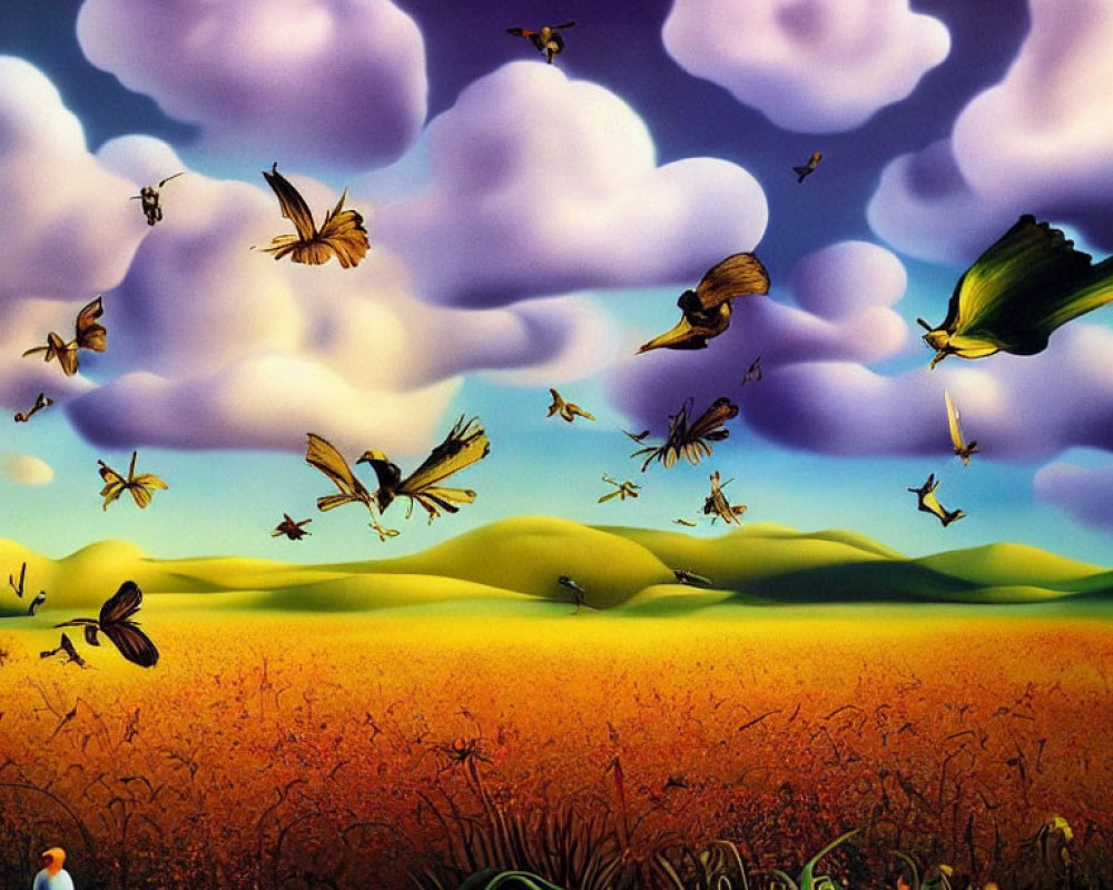 Colorful landscape painting with hills, orange flowers, clouds, and wildlife