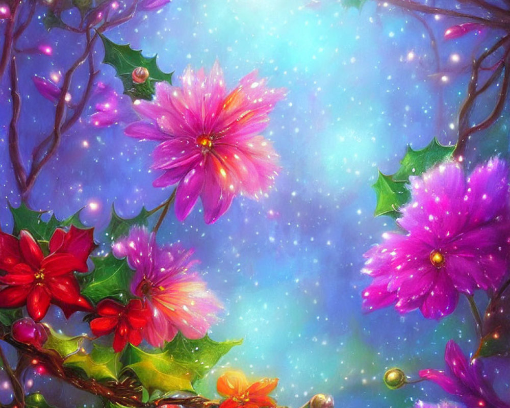 Colorful digital artwork: Pink and red flowers, glowing orbs, and starry blue background