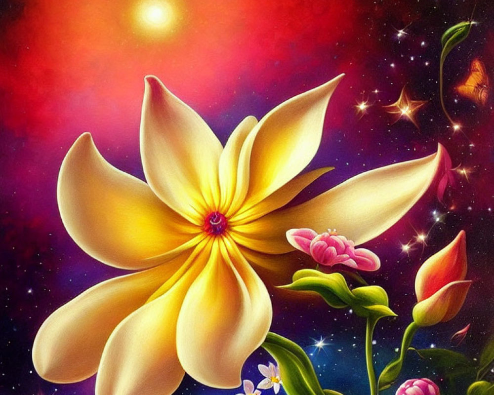 Colorful Illustration: Large Yellow Flower in Cosmic Setting