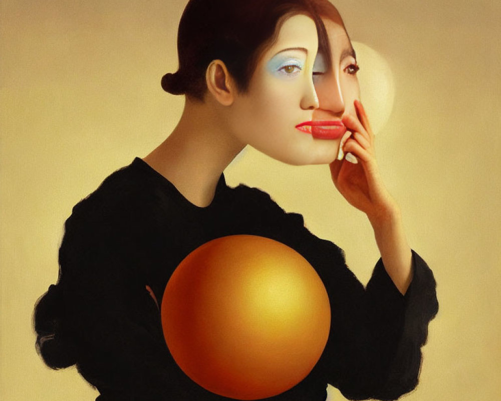 Surreal portrait of woman holding mask with golden sphere