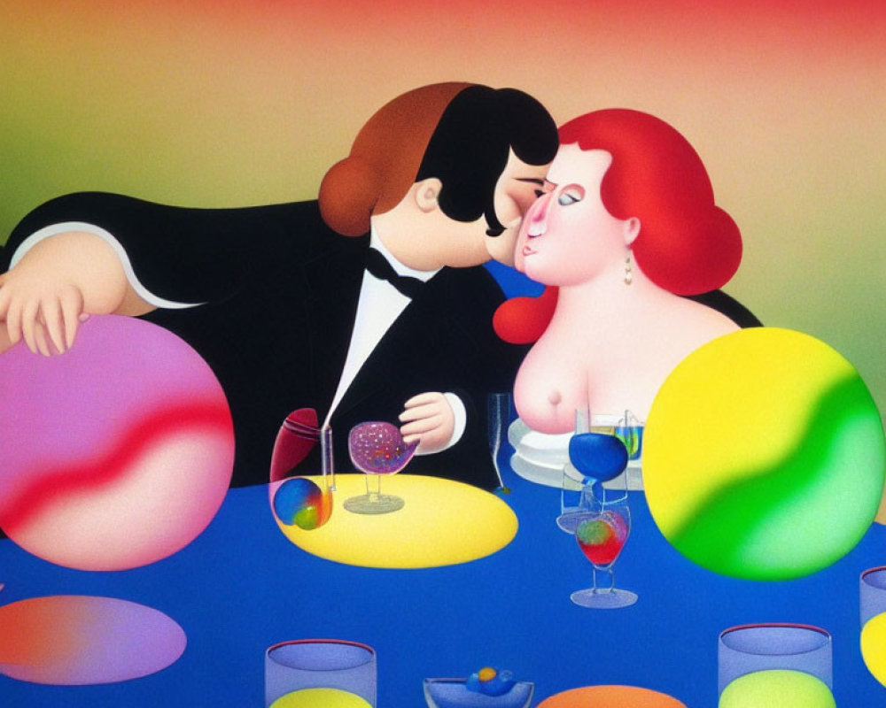 Vibrant artwork of stylized couple kissing at table