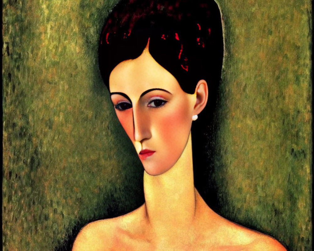 Dark-haired woman with contemplative gaze on green background.