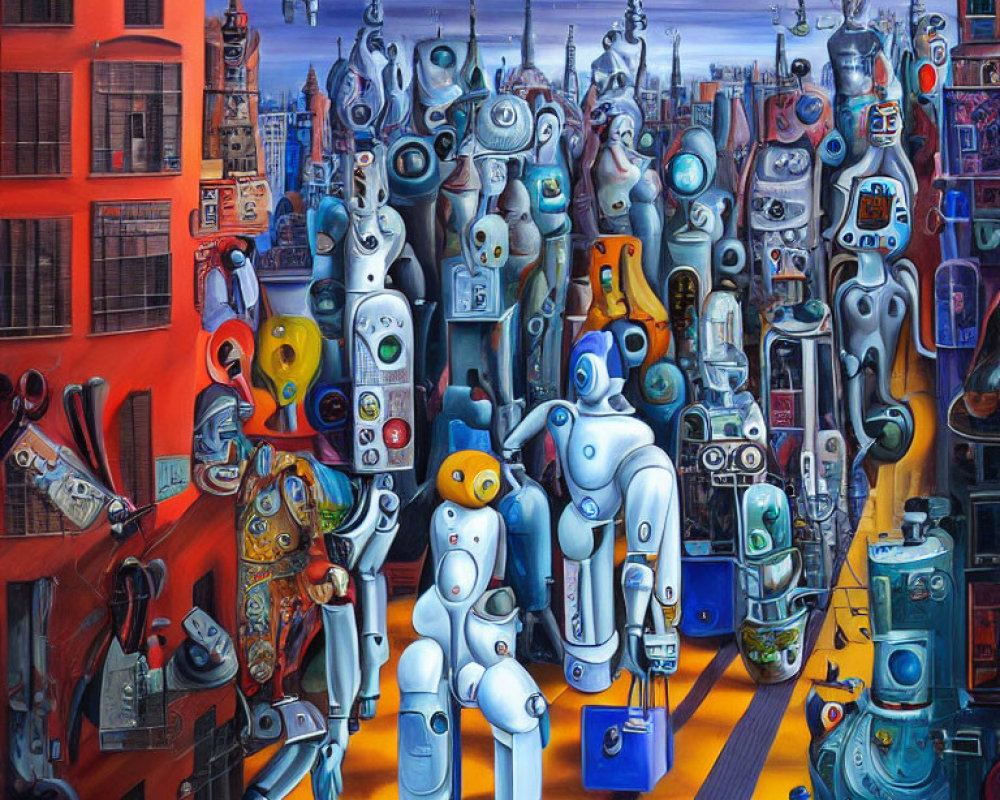 Vibrant robot-themed urban artwork with colorful crowded scene