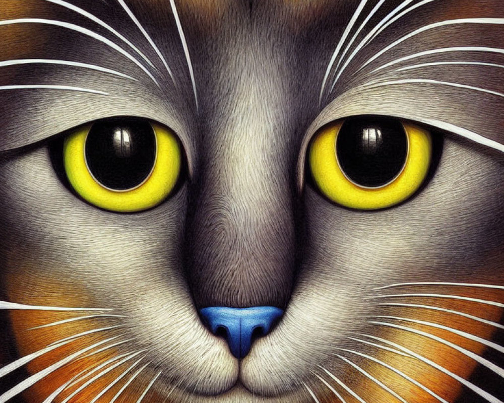 Detailed Cat Illustration with Yellow Eyes and Colorful Fur