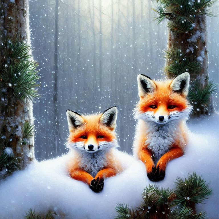 Red foxes in snowy forest with falling snowflakes