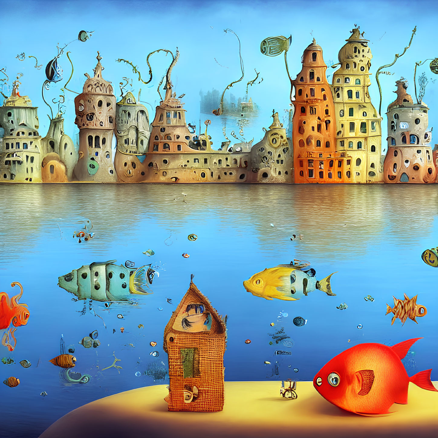 Colorful Underwater Scene with Fish and Coral-Like Buildings