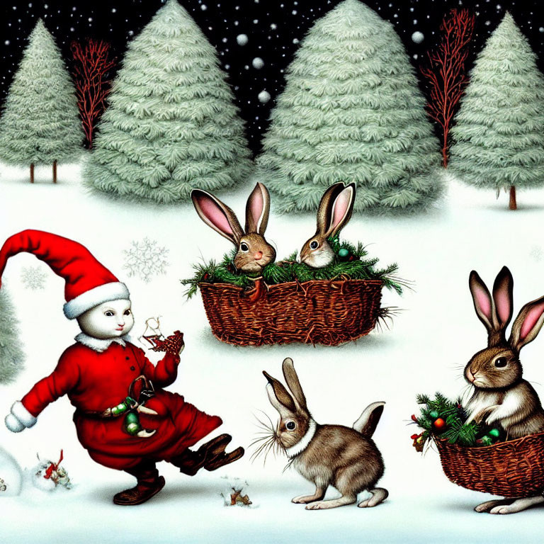 Child in Santa costume plays with rabbits in snowy forest scene