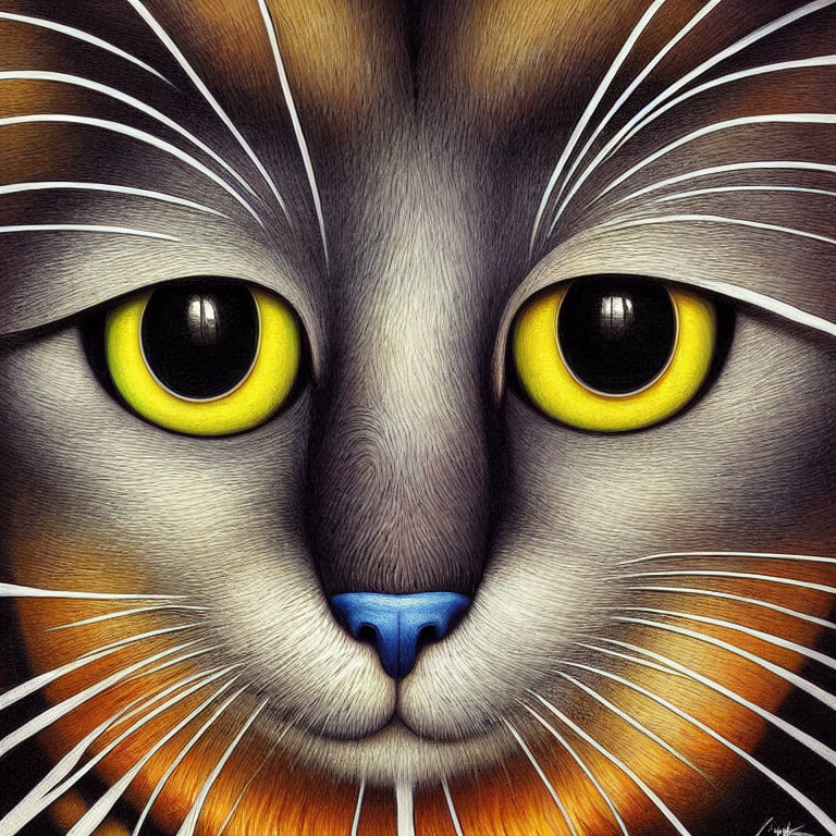 Detailed Cat Illustration with Yellow Eyes and Colorful Fur