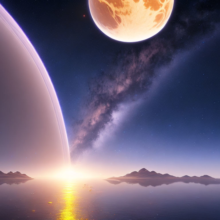 Extraterrestrial landscape with large planet, calm water, starry sky