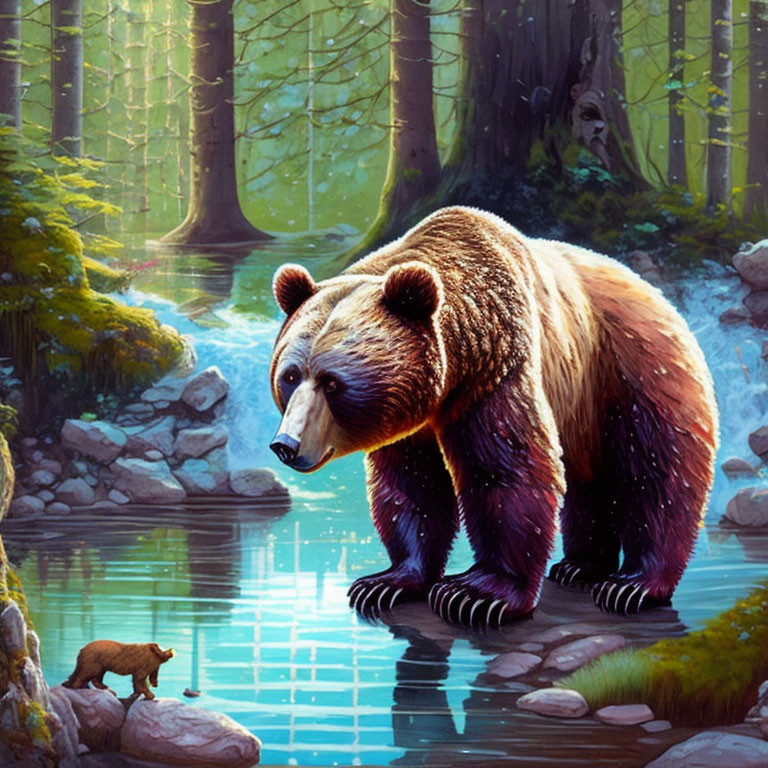 Illustrated bears by serene forest pond with sunlight filtering through trees