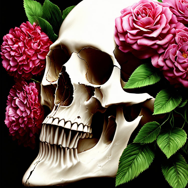 Human skull with pink and red roses and green leaves on dark background