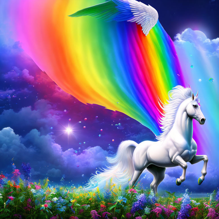 White Unicorn Galloping in Vibrant Meadow Under Rainbow