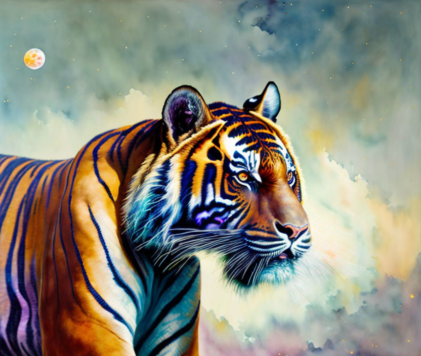 Colorful Tiger Artwork with Blue and Orange Tones on Cosmic Background