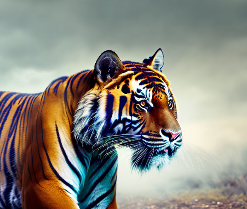 Majestic Tiger with Vibrant Orange and Black Stripes on Misty Blue Background