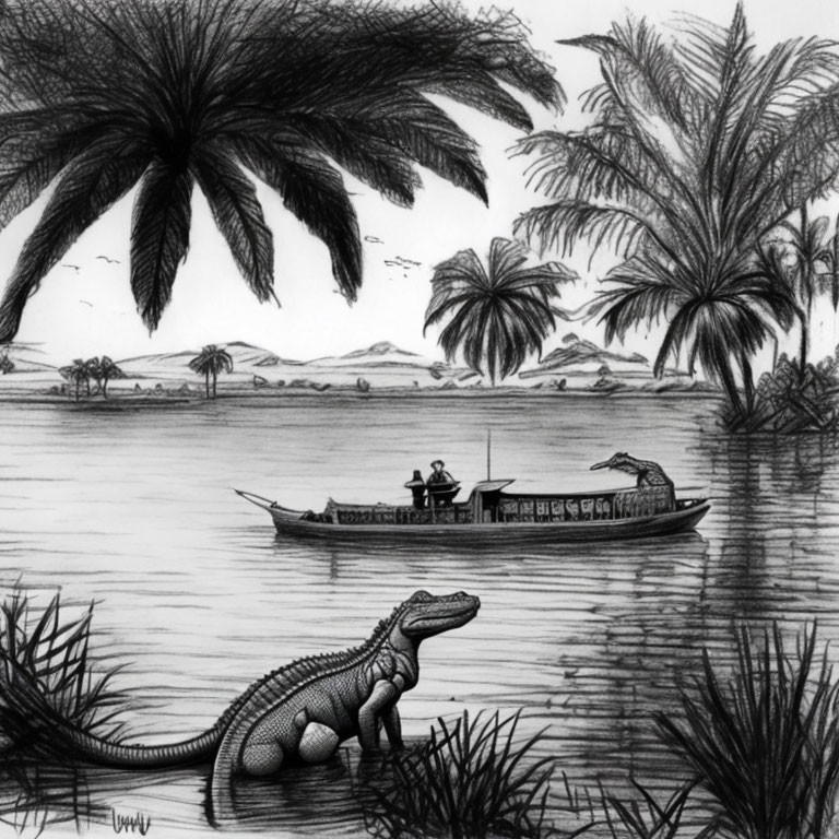 Tranquil riverscape with boat, crocodiles, palm trees, and mountains