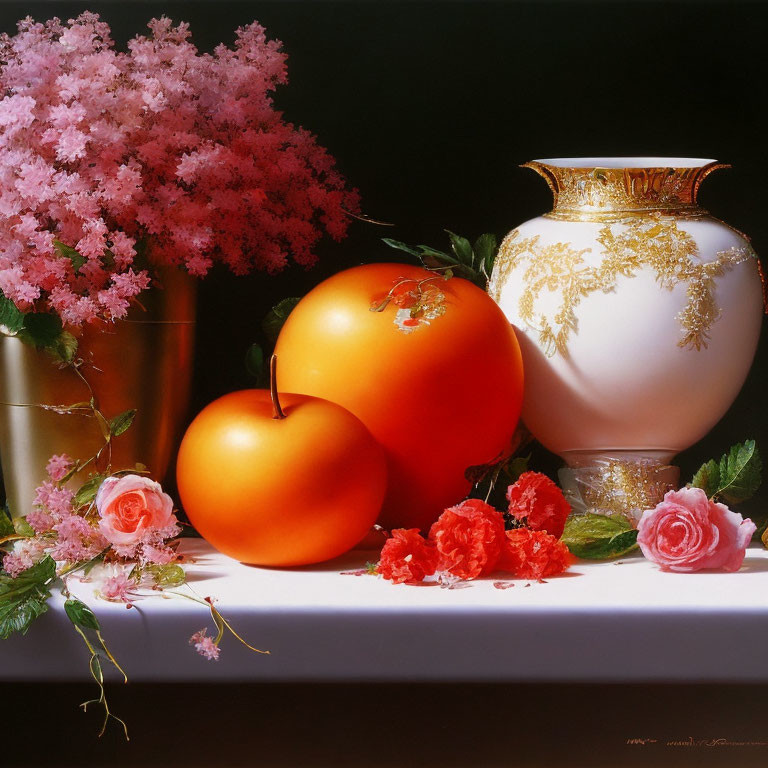 Colorful still-life painting of oranges, roses, and a vase on a table.