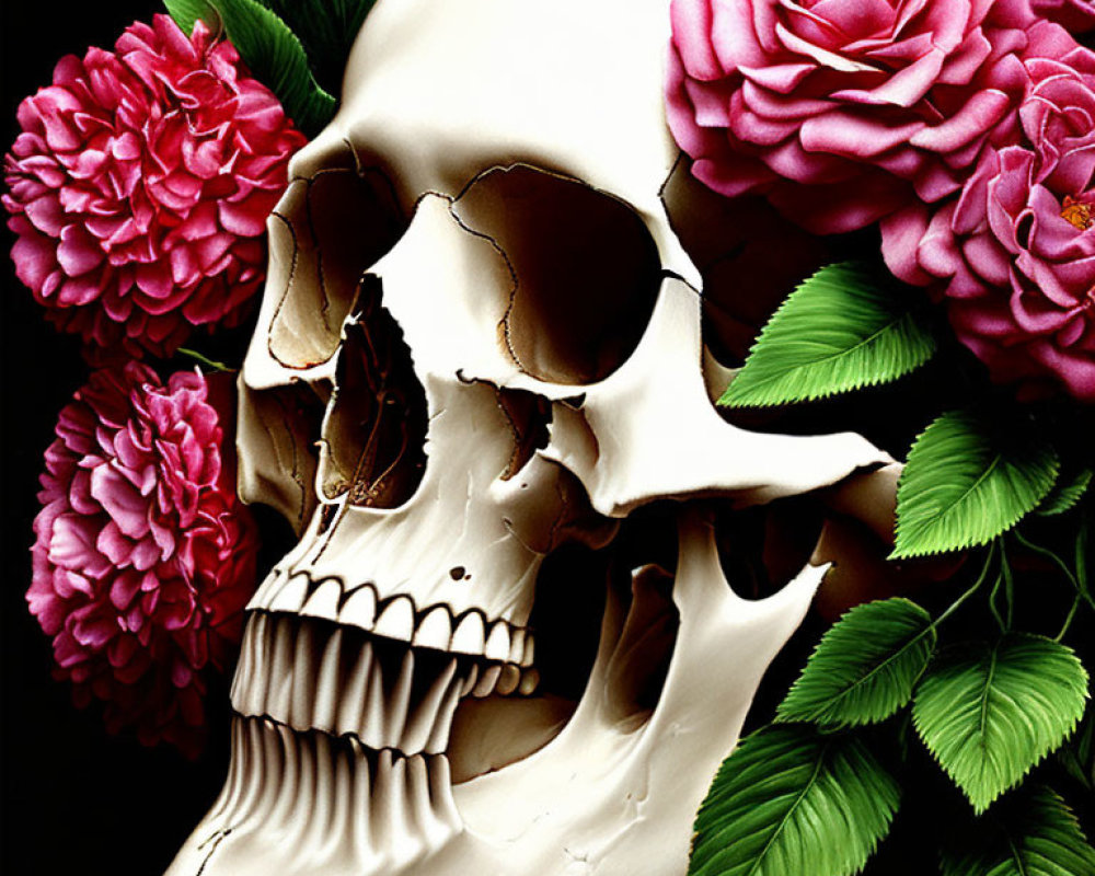 Human skull with pink and red roses and green leaves on dark background