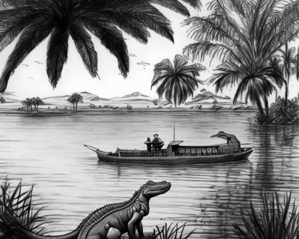 Tranquil riverscape with boat, crocodiles, palm trees, and mountains