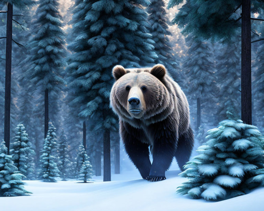 Bear in snowy forest under blue sky