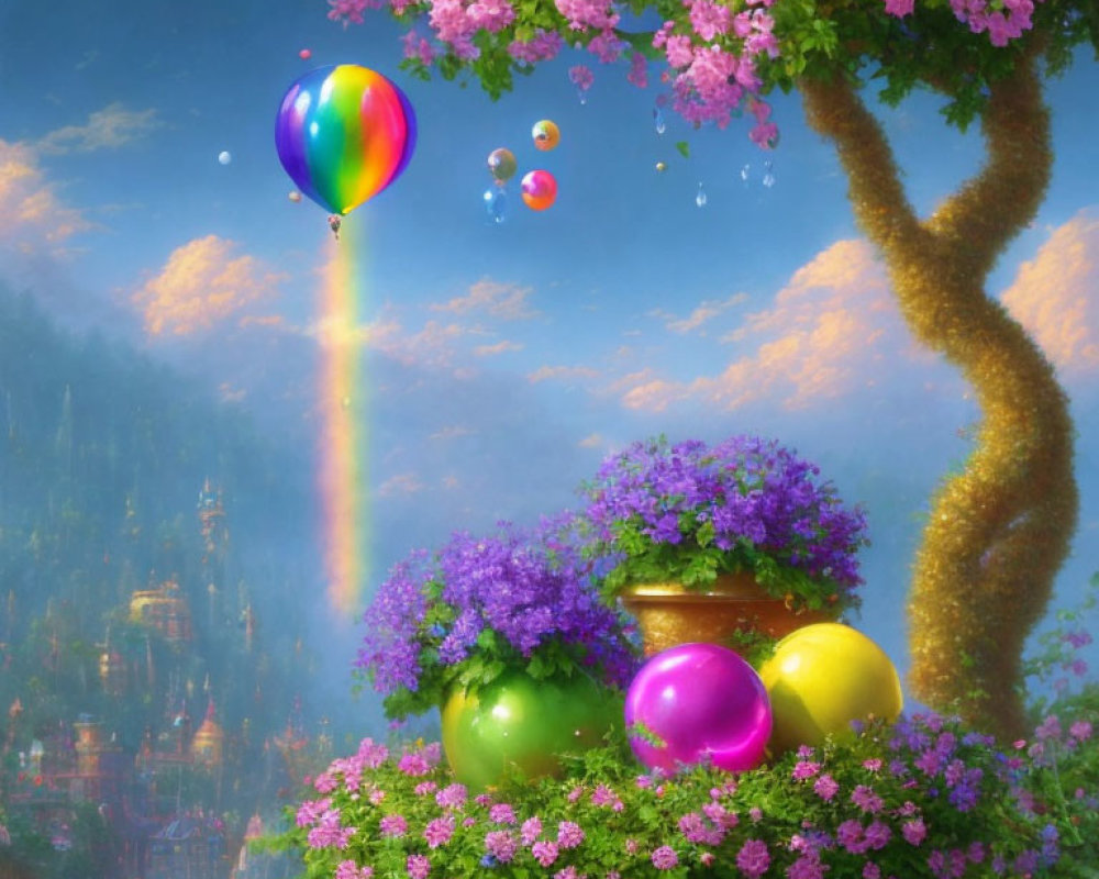 Colorful fantasy landscape with balloon, bubbles, lush flora, tree, and purple blooms under dreamy