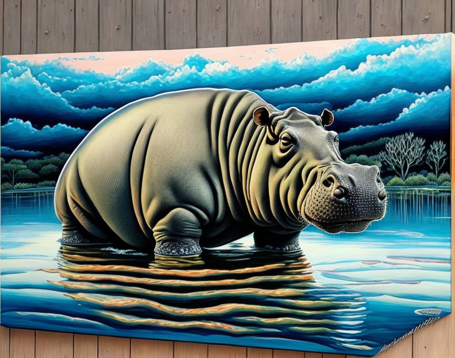 Vivid painting of hippopotamus in water with dramatic sky and wooden backdrop