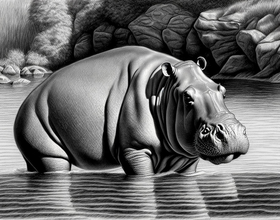 Detailed grayscale digital illustration of a calm hippopotamus in water