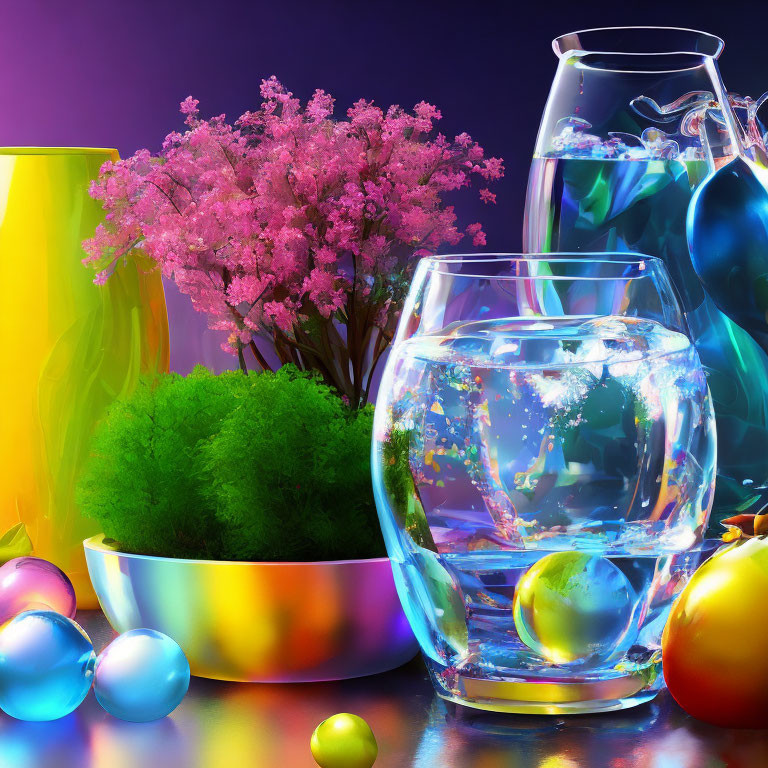 Colorful Still Life with Fish, Glassware, Greenery, Flowers, and Easter Eggs