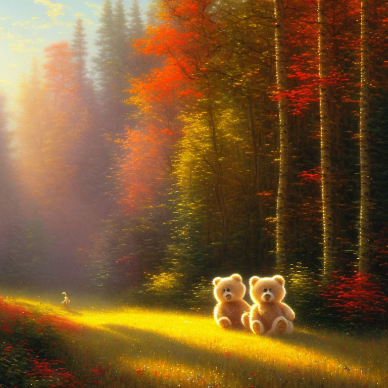 Sunlit forest clearing with two teddy bears holding hands and colorful autumn trees