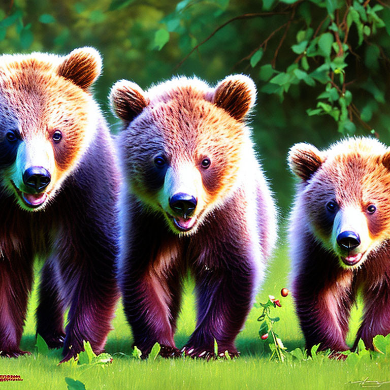 Three Bear Cubs in Lush Green Field with Blurred Foliage Background