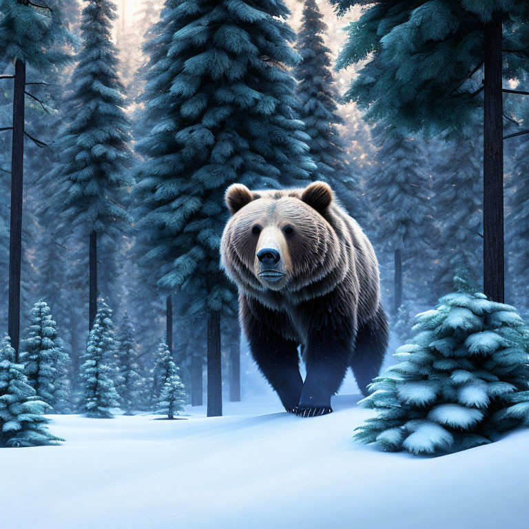 Bear in snowy forest under blue sky