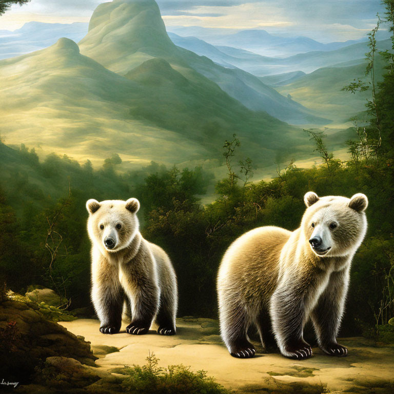 Misty landscape with two bears, greenery, and mountain