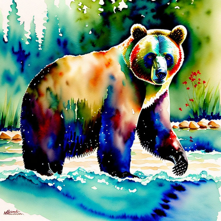 Vibrant watercolor painting of bear in lush nature