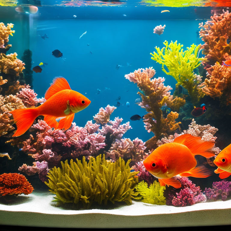 Colorful Aquarium with Goldfish and Coral in Bright Lighting