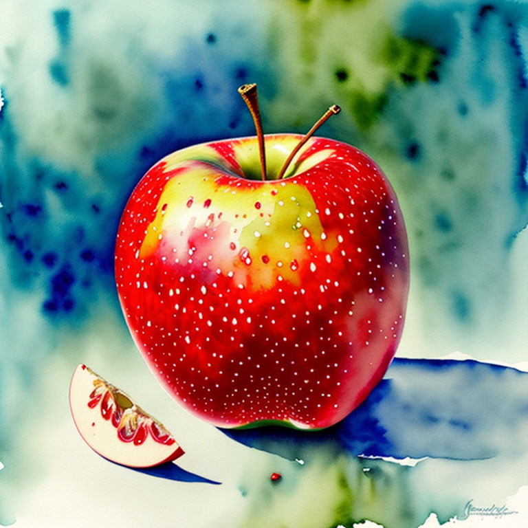 Colorful Watercolor Painting of Red Apple with Slice on Blue Background