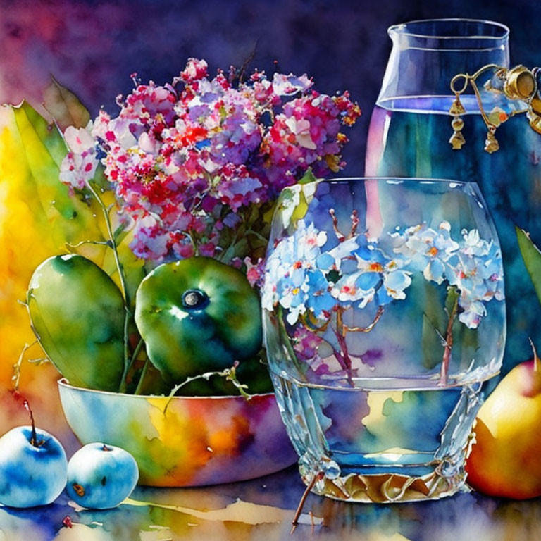 Vivid Watercolor Still Life with Flowers, Fruits, and Glassware