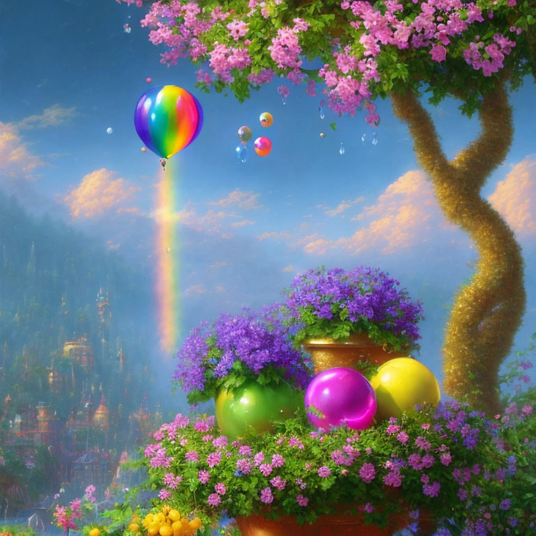 Colorful fantasy landscape with balloon, bubbles, lush flora, tree, and purple blooms under dreamy