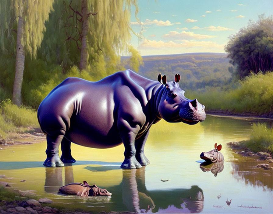 Colorful painting: Hippopotamus, bird, crocodile in river scenery