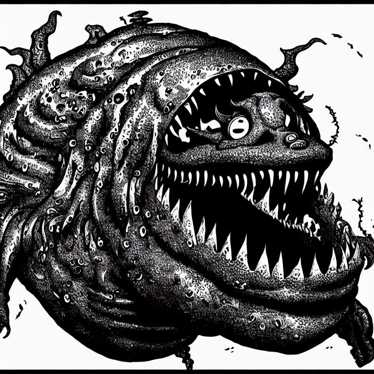 Detailed black and white monster illustration with sharp teeth, tentacles, and glaring eye.