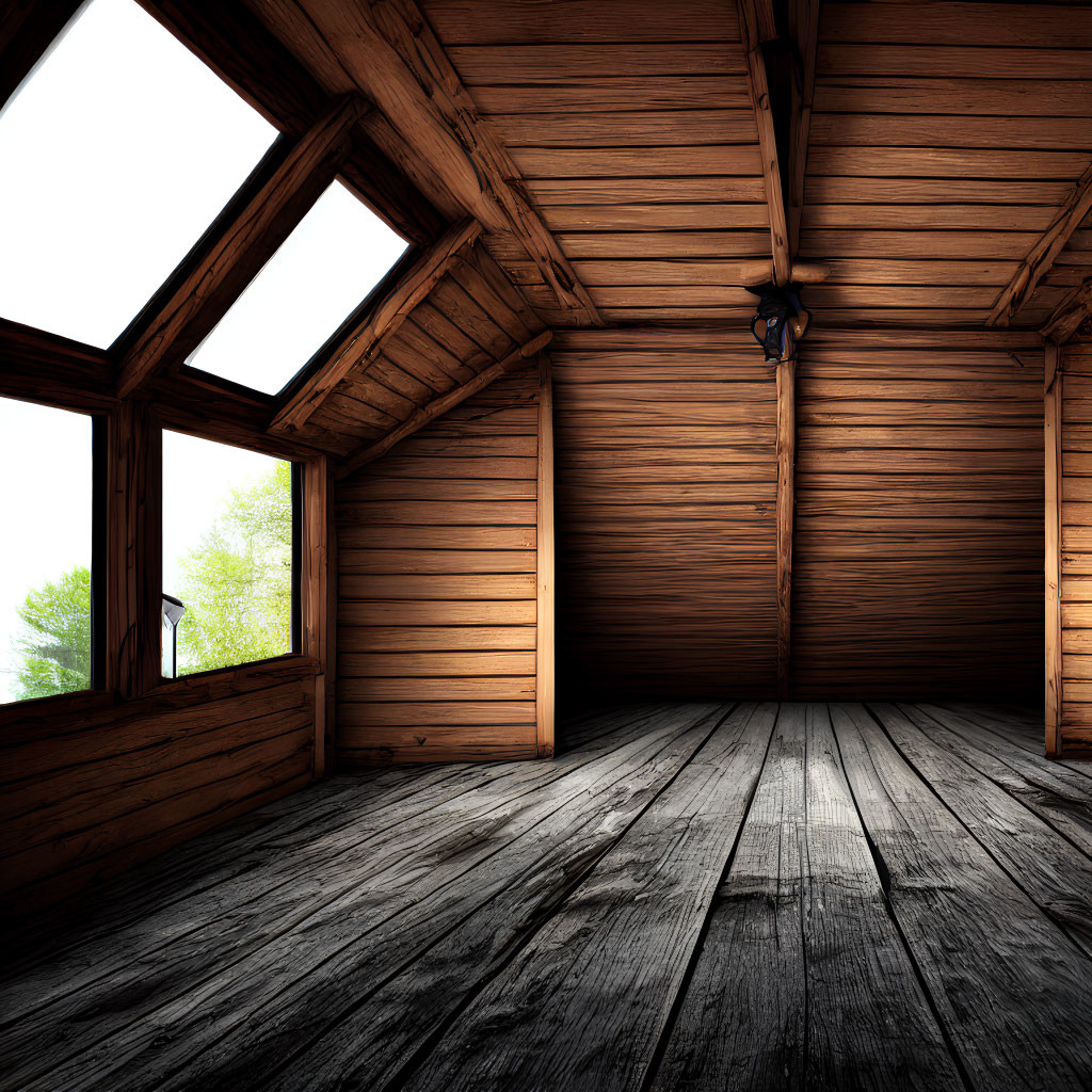 Spacious attic room with large windows, wood panels, and green tree views