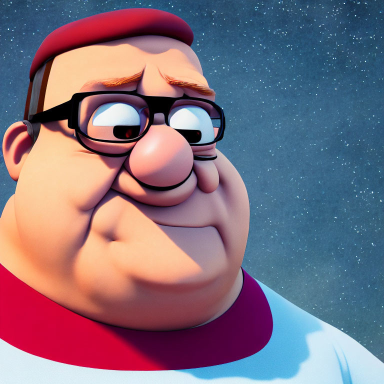 Elderly animated character with glasses and red vest on starry background