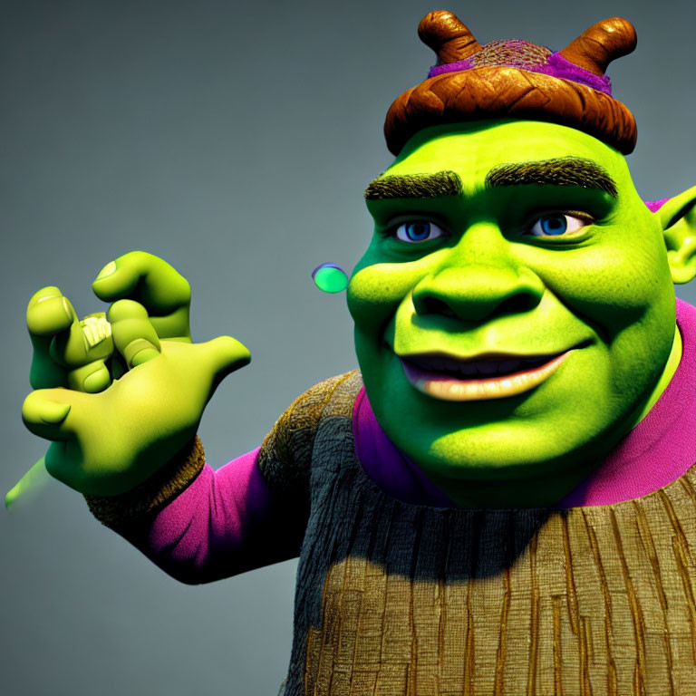 Green-skinned ogre in brown vest gesturing on grey background