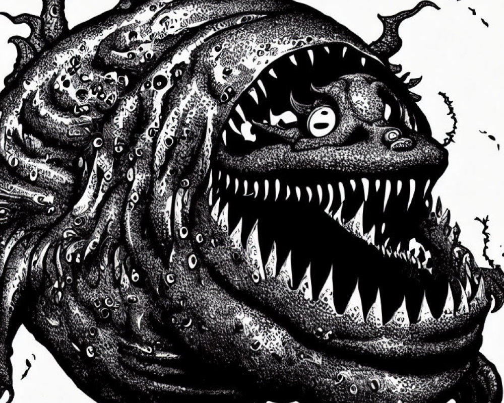 Detailed black and white monster illustration with sharp teeth, tentacles, and glaring eye.