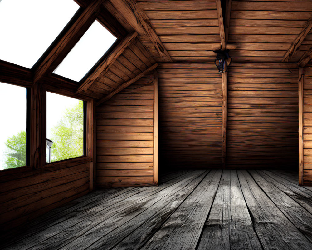 Spacious attic room with large windows, wood panels, and green tree views